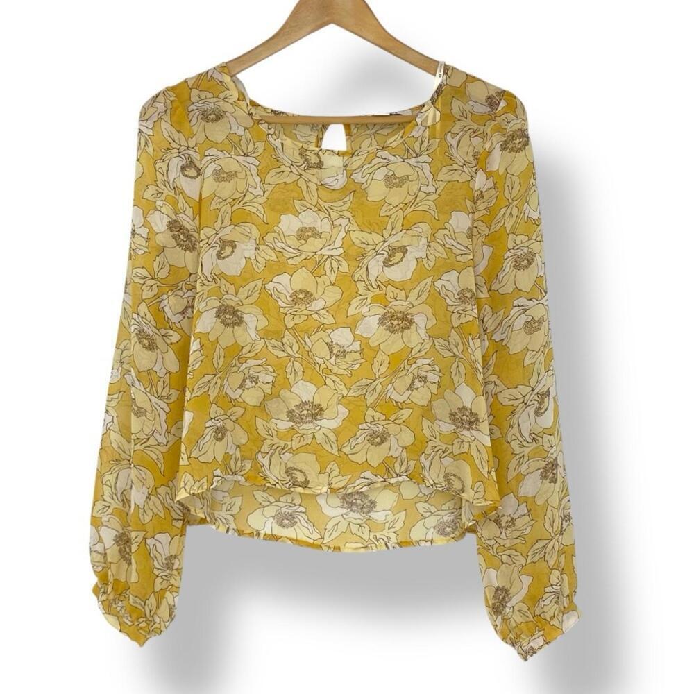 Forever 21 Sheer Cottage Core Farmhouse Floral Print Yellow Women's LS Top Sz M